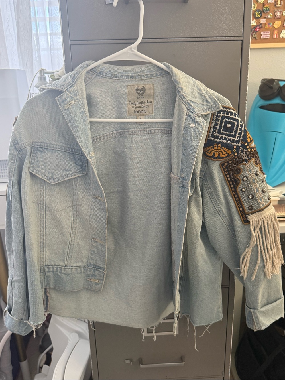 Embellished Light Blue Denim Jacket with Beaded Shoulder